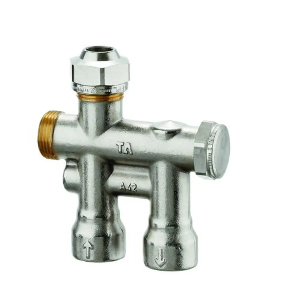 Edelstahlverteiler von IMI Hydronic Engineering mit mehreren Anschlüssen und integrierter Regelung. Geeignet für die Verteilung von Heizungswasser in Einrohrsystemen.